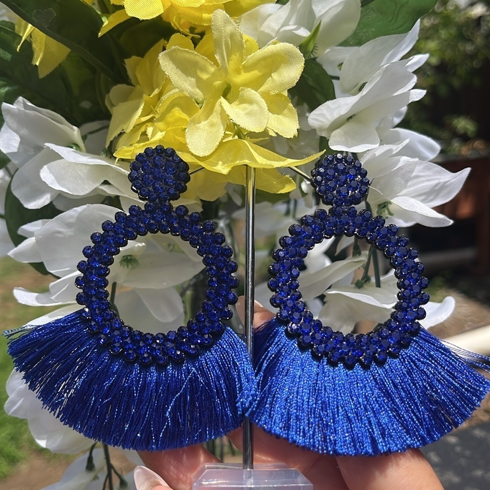 Blue Beaded Hoop Earrings - Picture 3 of 3